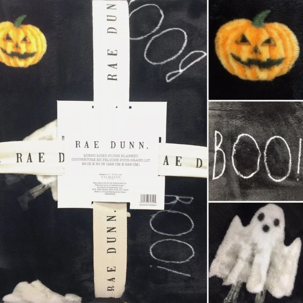 Rae Dunn BOO Halloween Black QUEEN Throw Blanket Ghost Pumpkin Jack-O-Lantern